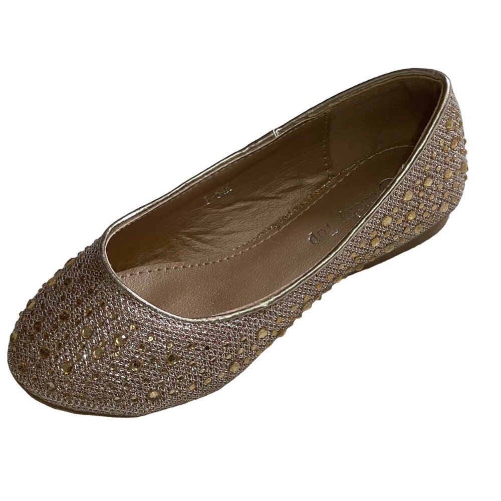 Lucky Top Toddler Girl Gold Sparkle Rhinestone Glitter Ballet Flat Dress Shoe 9 - Picture 5 of 6